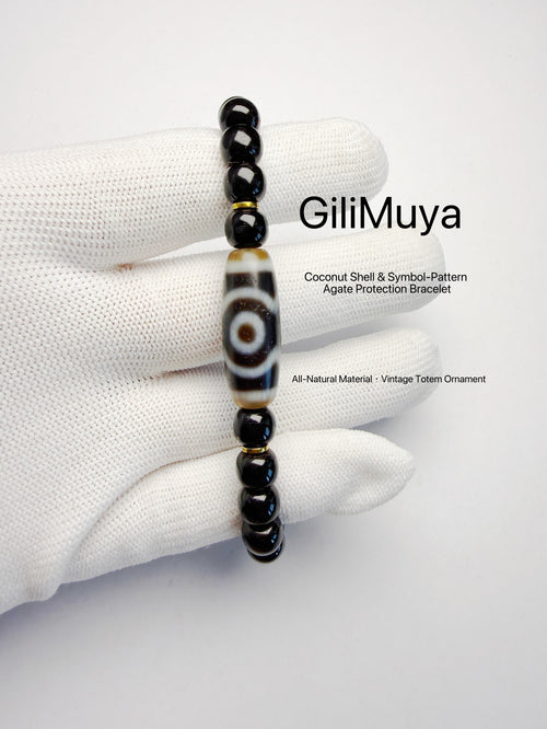 Black‑Gold Coconut Tip‑Shell Three‑Eye Dzi‑Pattern Bracelet