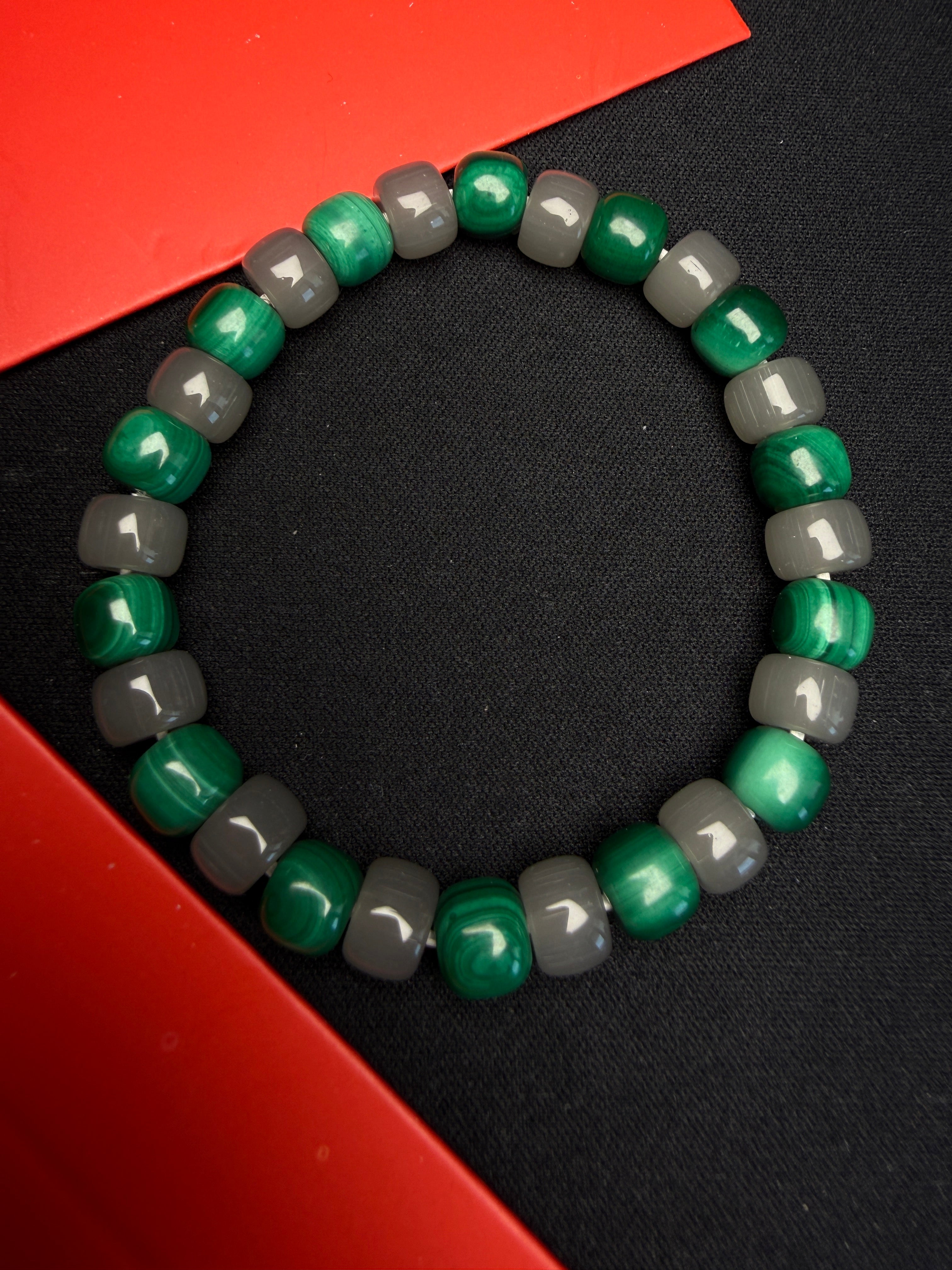 GiLiMuya Natural Malachite & Smoky Grey Nephrite Jade Barrel Bead Bracelet, Handcrafted Two-Tone Gemstone Bracelet Unisex