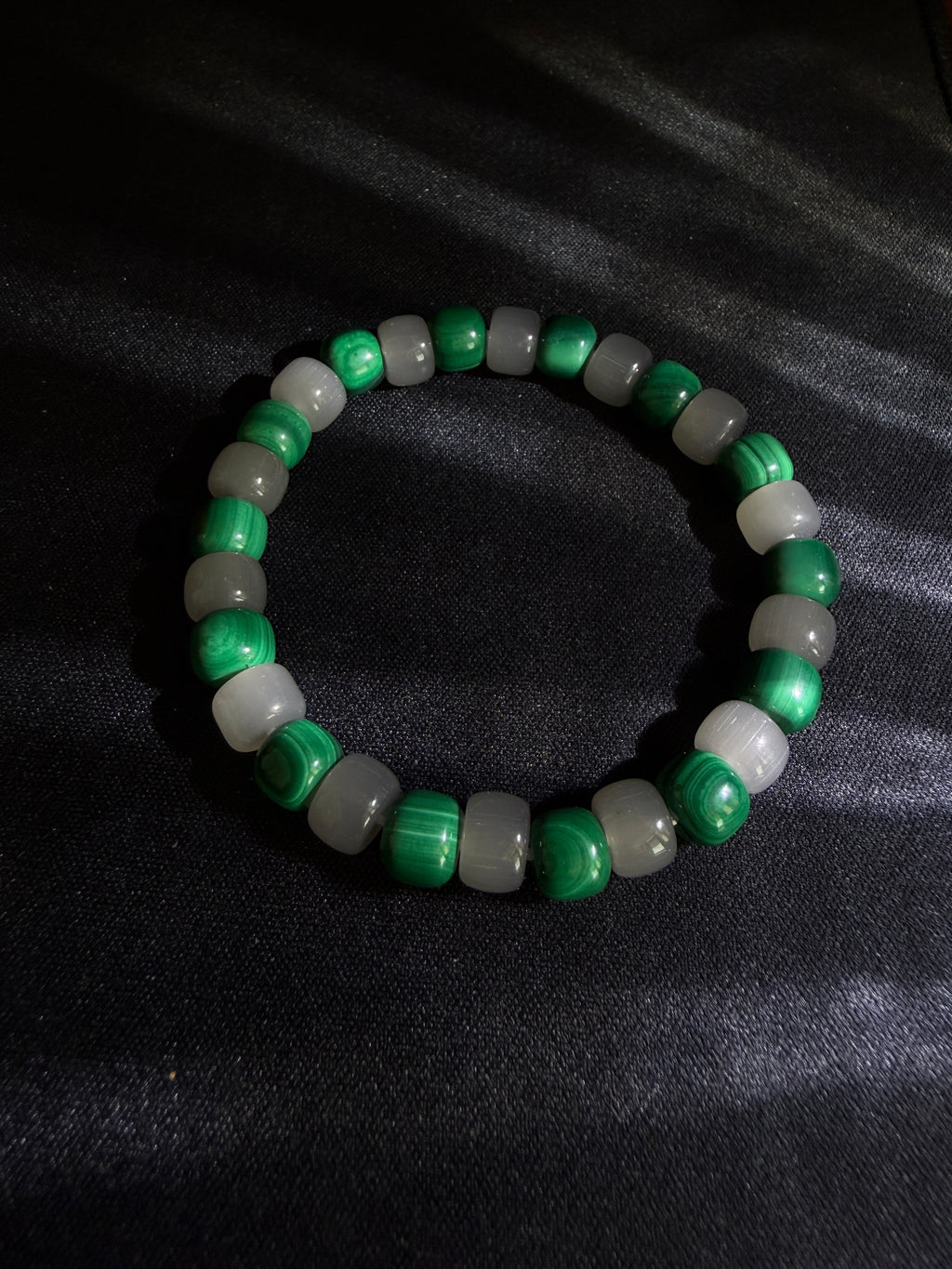 GiLiMuya Natural Malachite & Smoky Grey Nephrite Jade Barrel Bead Bracelet, Handcrafted Two-Tone Gemstone Bracelet Unisex