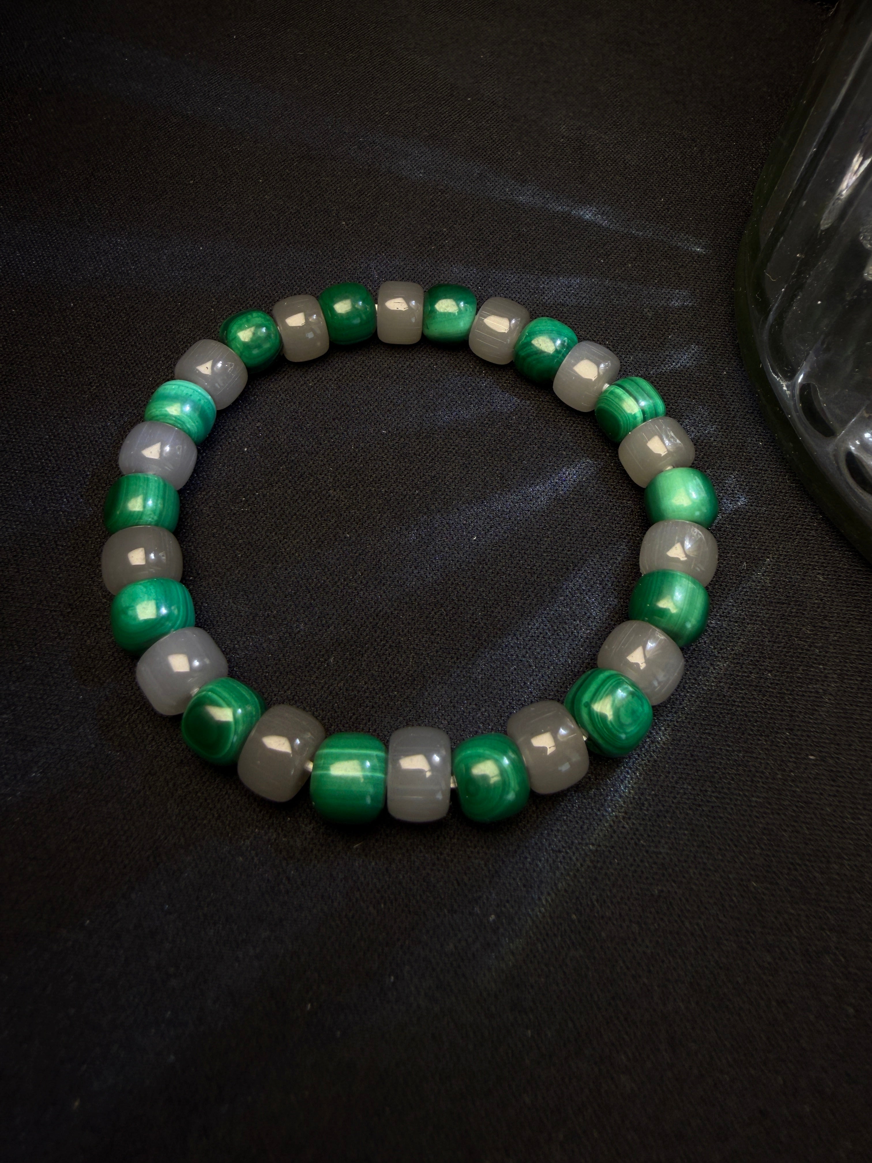 GiLiMuya Natural Malachite & Smoky Grey Nephrite Jade Barrel Bead Bracelet, Handcrafted Two-Tone Gemstone Bracelet Unisex