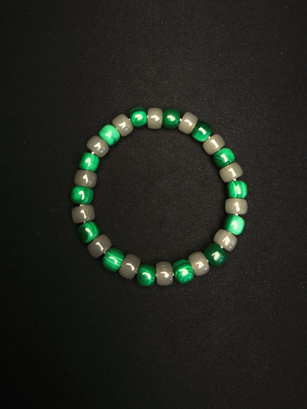 GiLiMuya Natural Malachite & Smoky Grey Nephrite Jade Barrel Bead Bracelet, Handcrafted Two-Tone Gemstone Bracelet Unisex