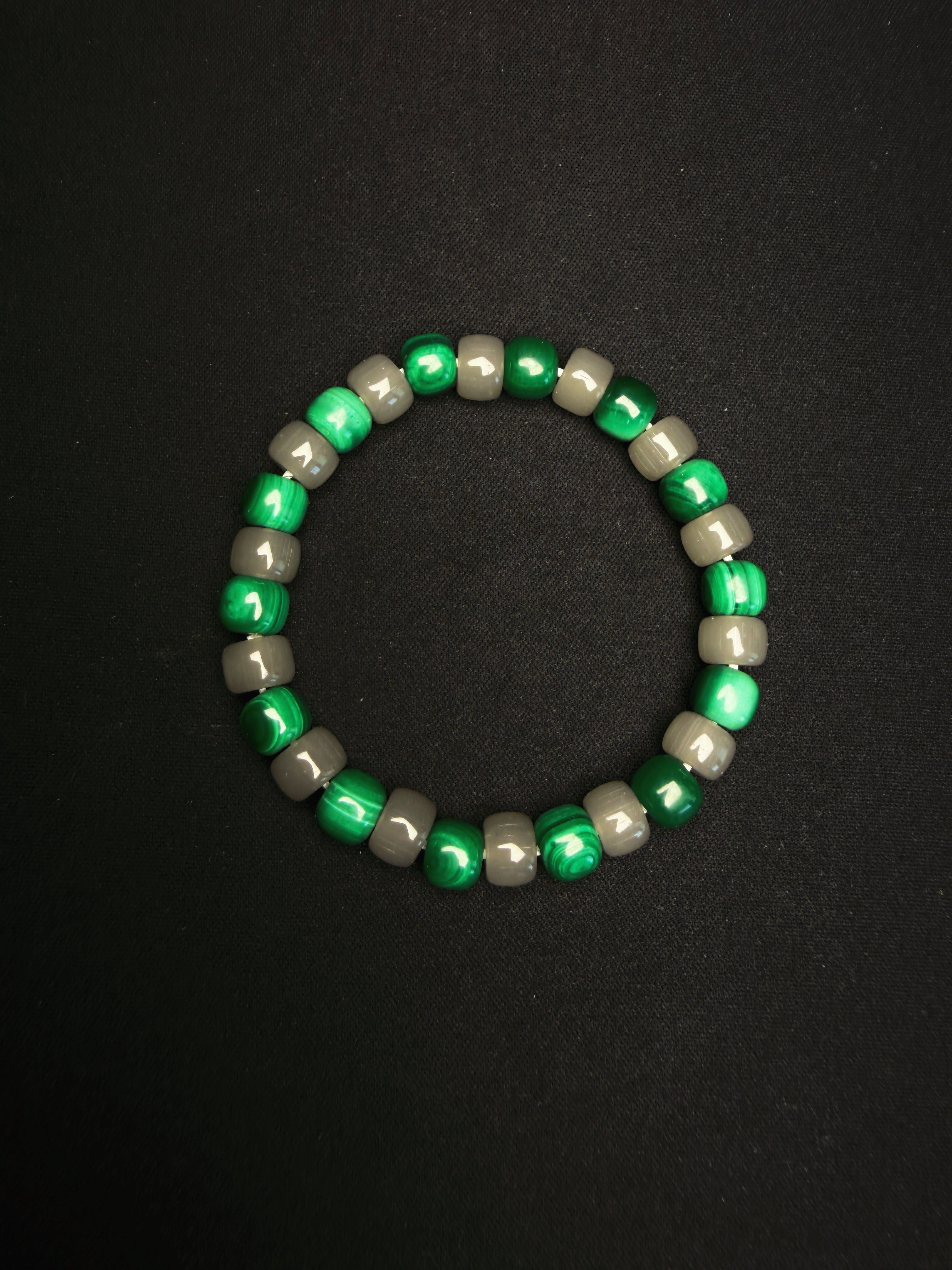 GiLiMuya Natural Malachite & Smoky Grey Nephrite Jade Barrel Bead Bracelet, Handcrafted Two-Tone Gemstone Bracelet Unisex
