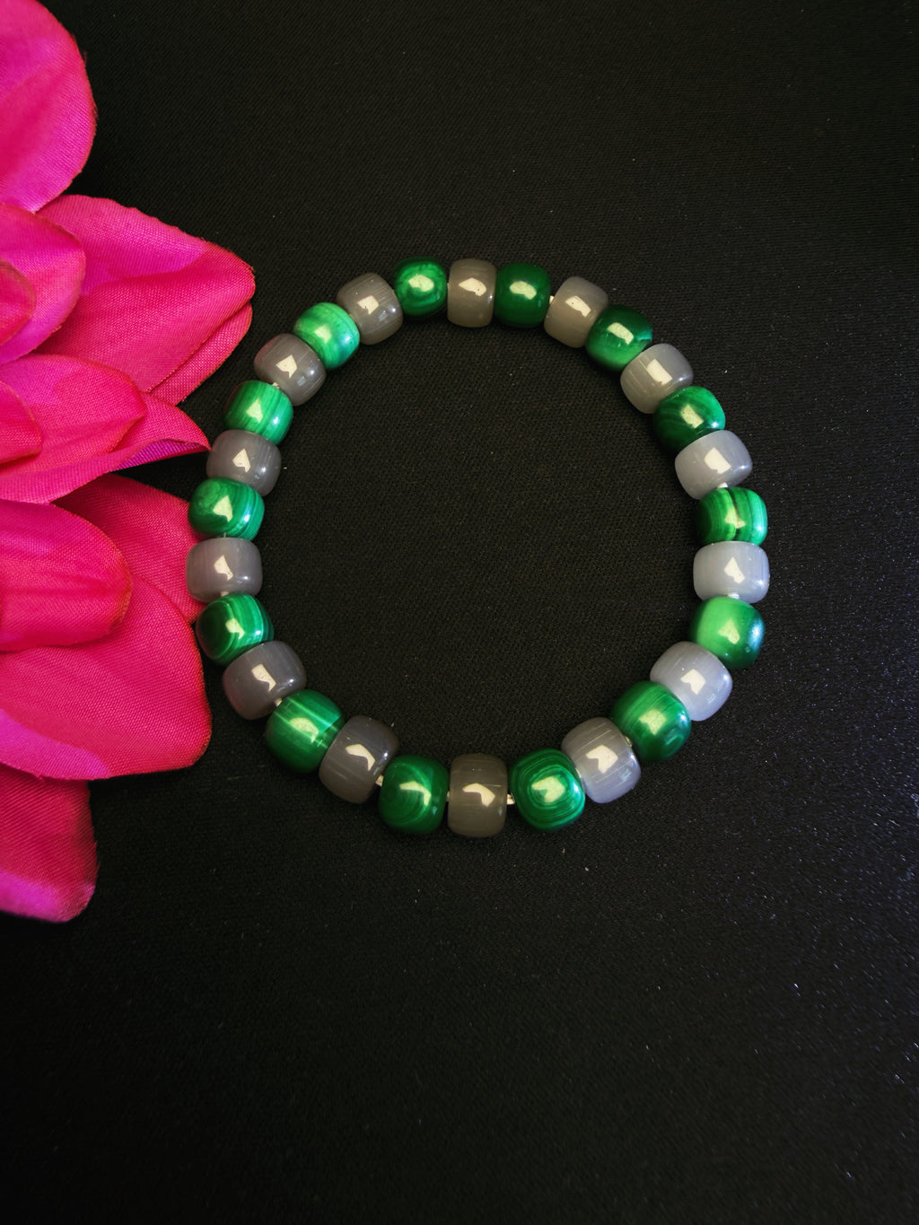 GiLiMuya Natural Malachite & Smoky Grey Nephrite Jade Barrel Bead Bracelet, Handcrafted Two-Tone Gemstone Bracelet Unisex