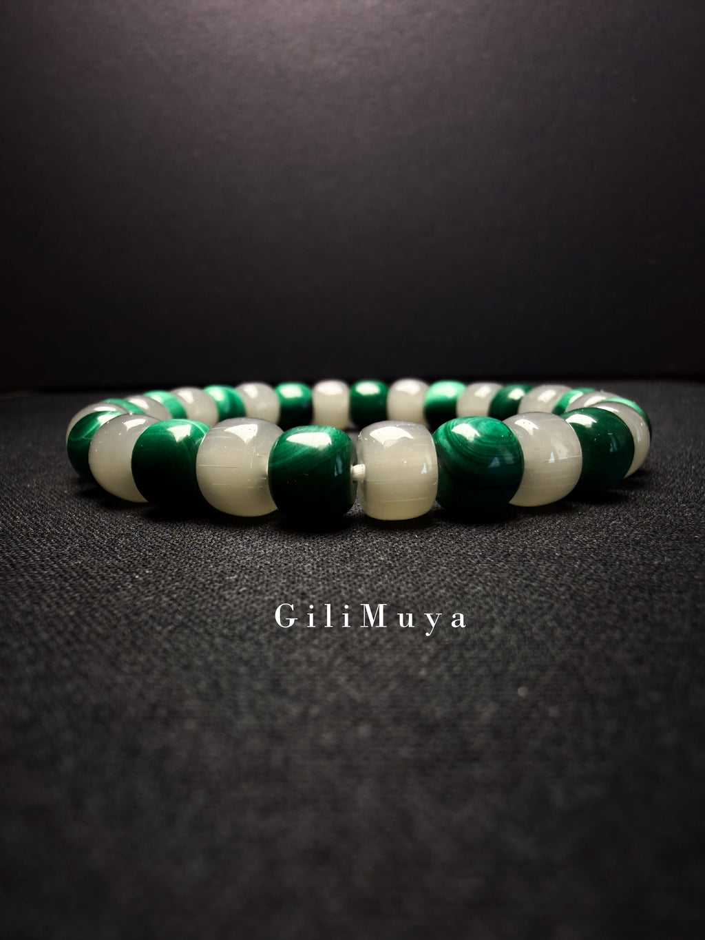 GiLiMuya Natural Malachite & Smoky Grey Nephrite Jade Barrel Bead Bracelet, Handcrafted Two-Tone Gemstone Bracelet Unisex