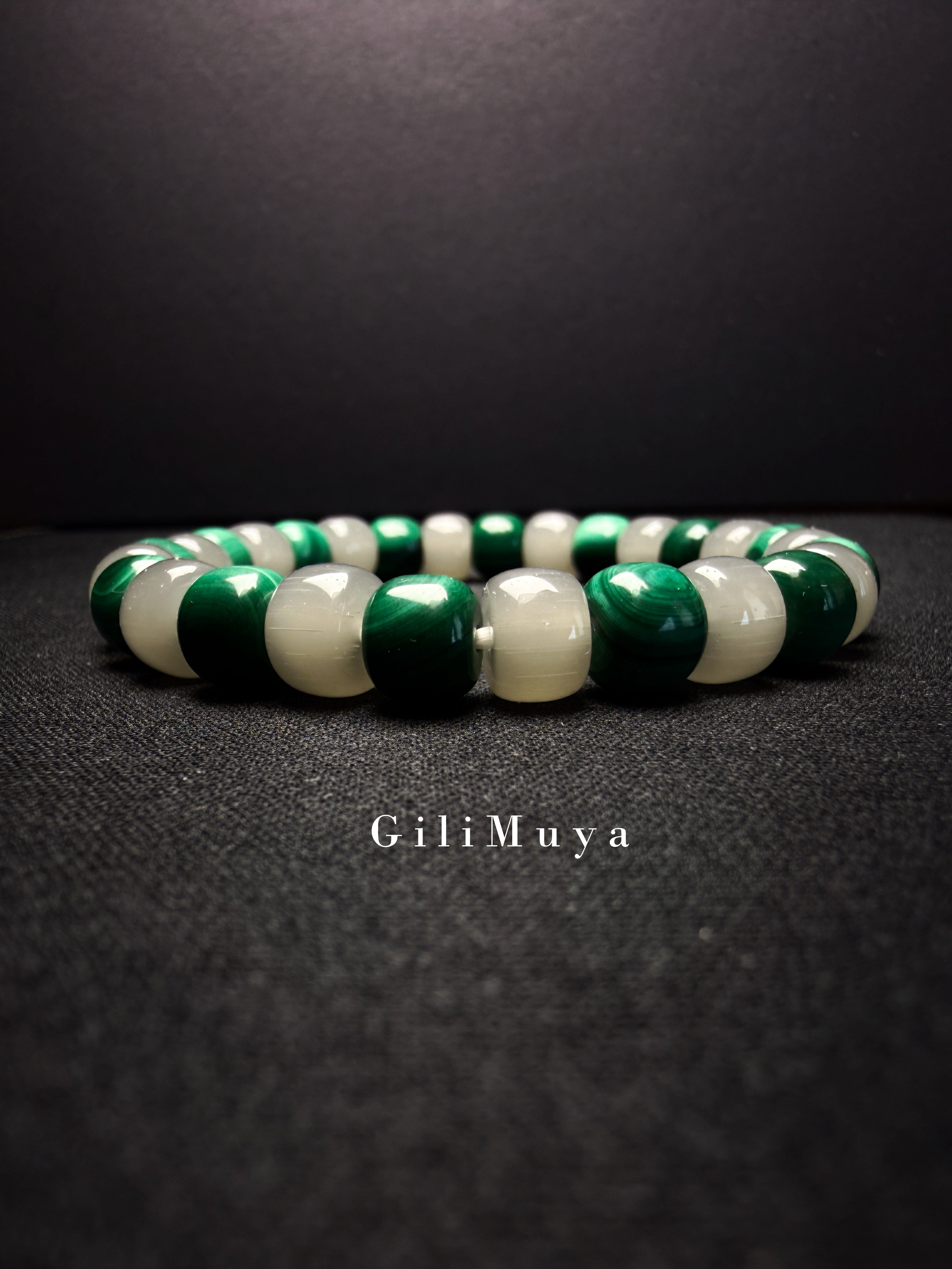 GiLiMuya Natural Malachite & Smoky Grey Nephrite Jade Barrel Bead Bracelet, Handcrafted Two-Tone Gemstone Bracelet Unisex