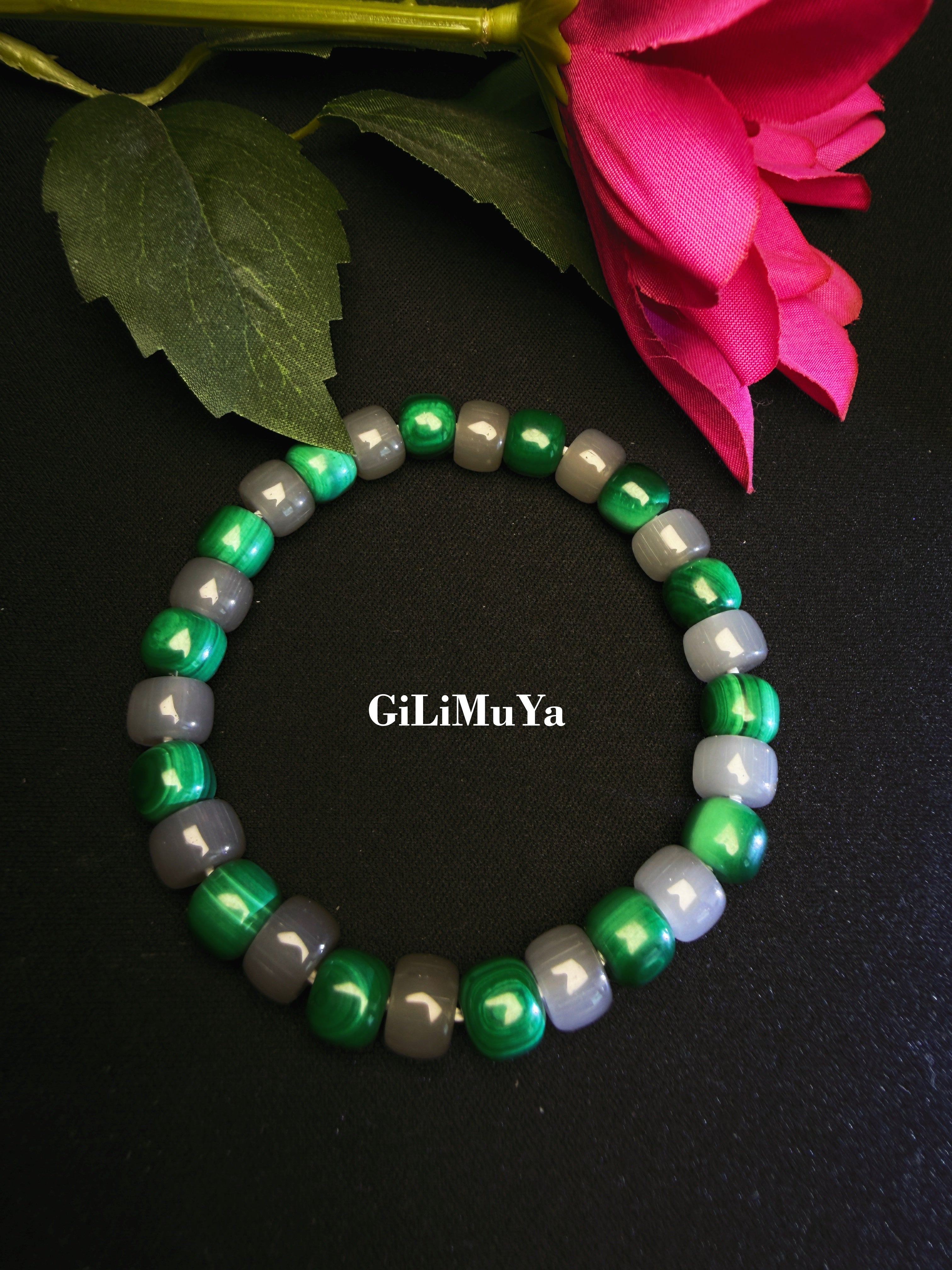 GiLiMuya Natural Malachite & Smoky Grey Nephrite Jade Barrel Bead Bracelet, Handcrafted Two-Tone Gemstone Bracelet Unisex
