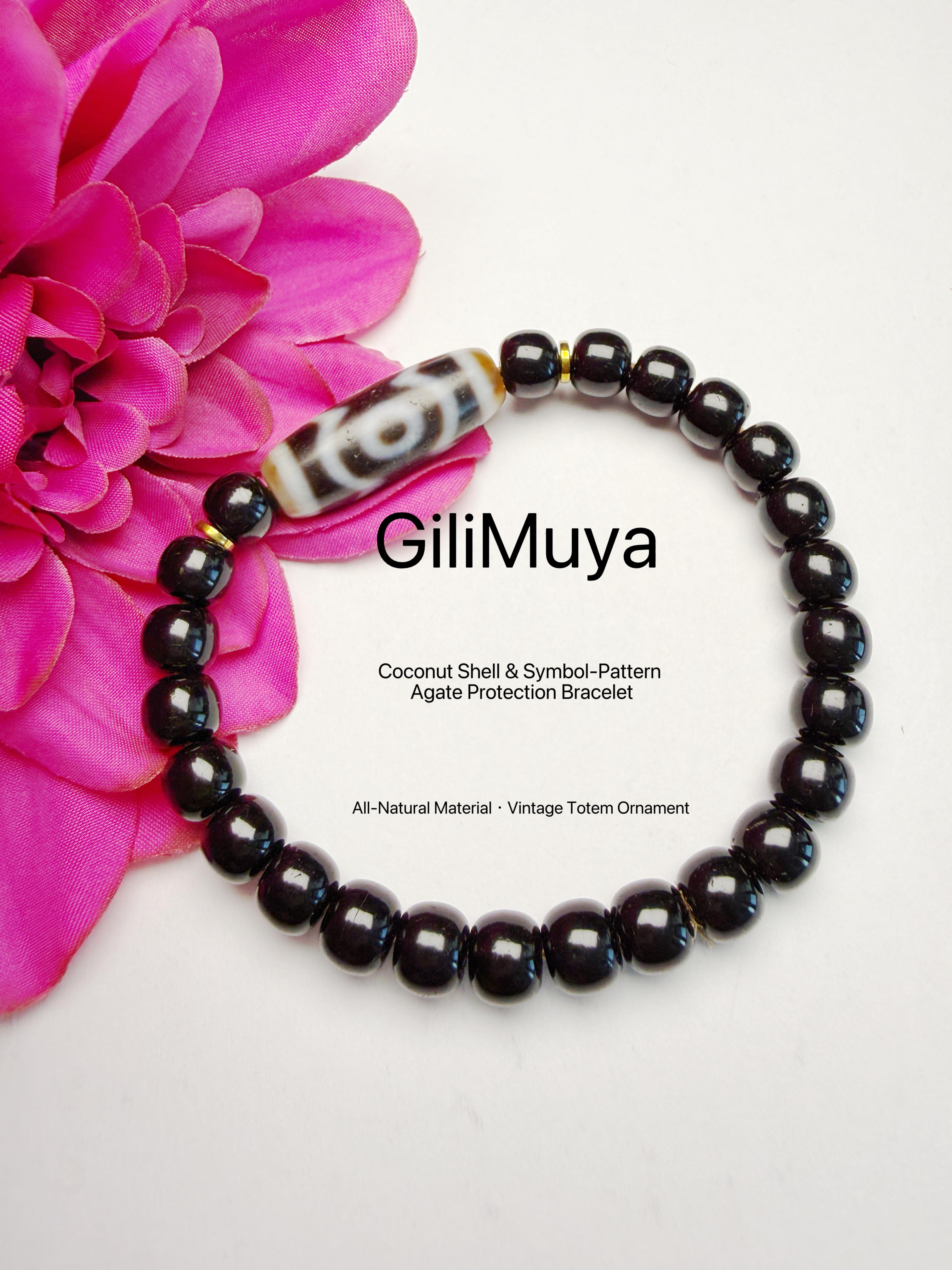 Black‑Gold Coconut Tip‑Shell Three‑Eye Dzi‑Pattern Bracelet