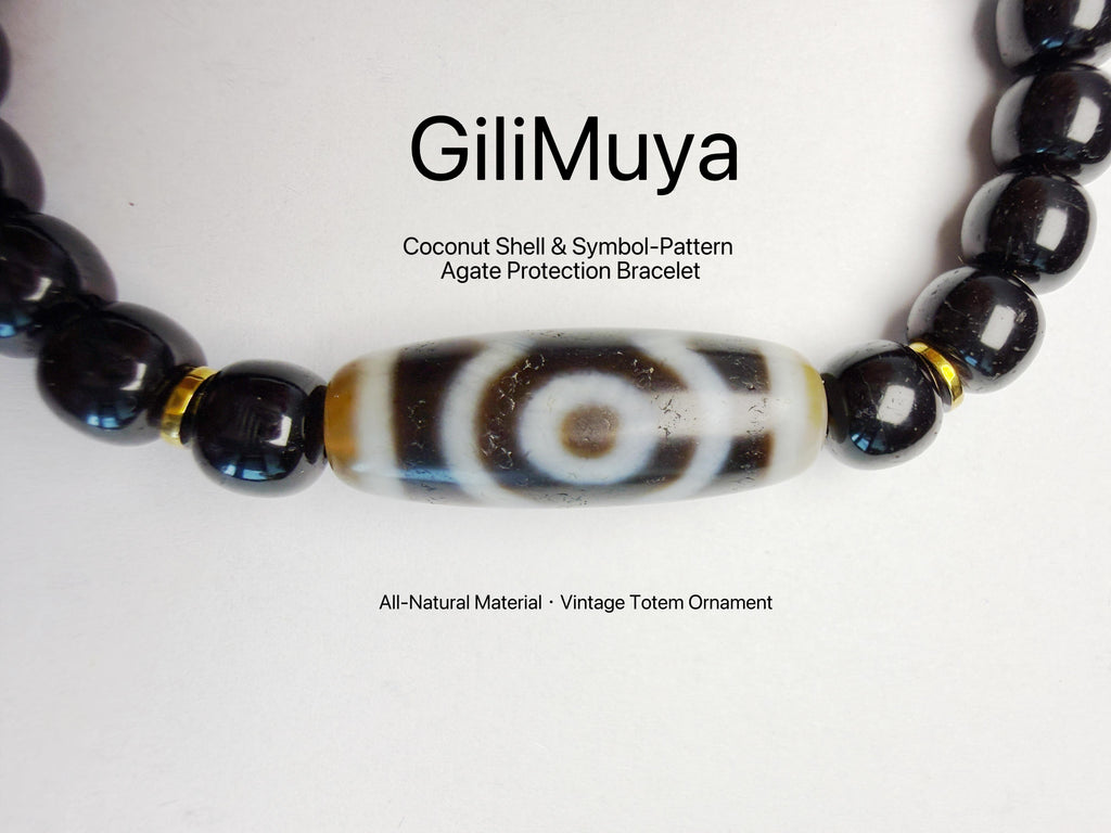 Black‑Gold Coconut Tip‑Shell Three‑Eye Dzi‑Pattern Bracelet