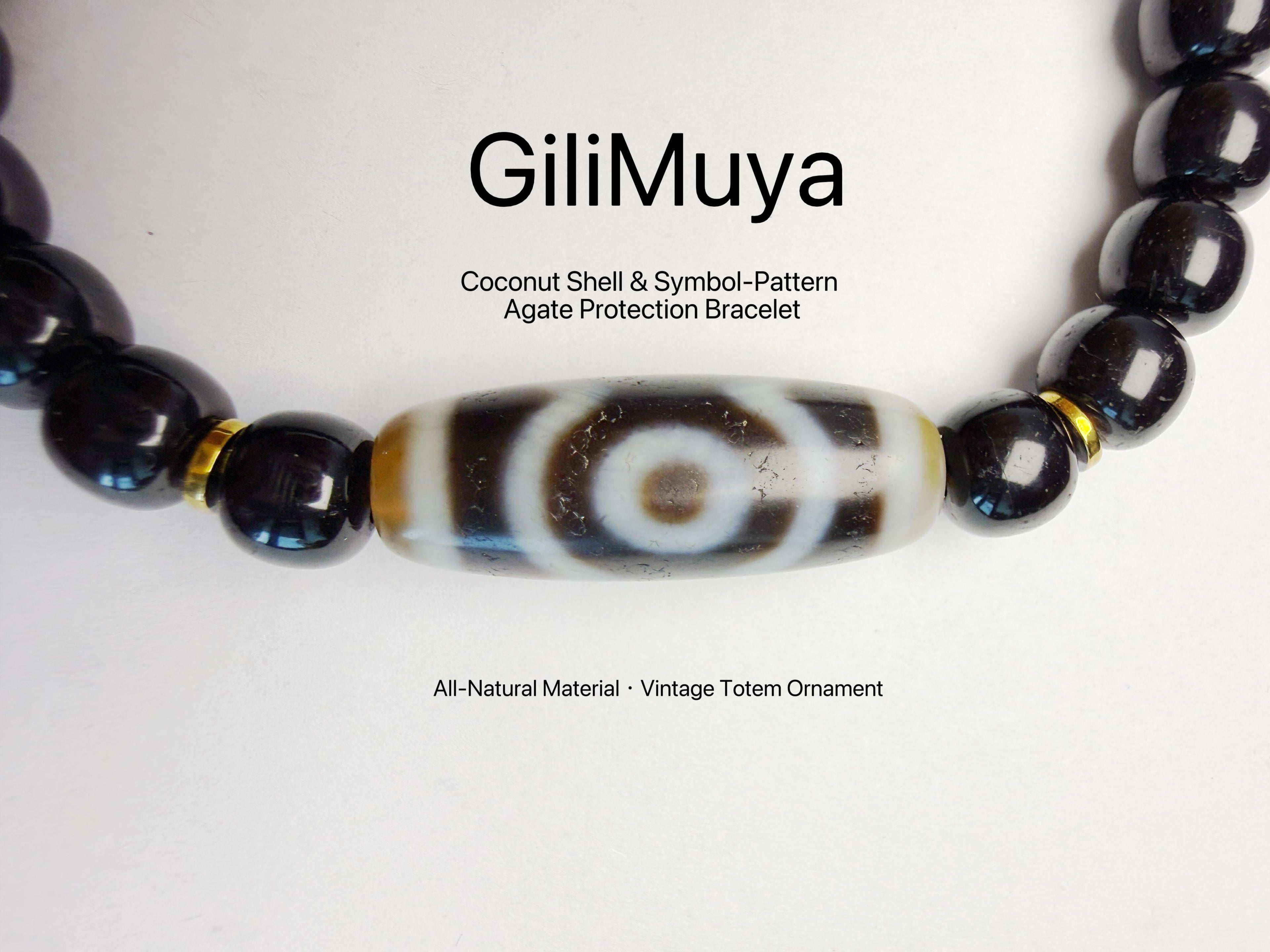 Black‑Gold Coconut Tip‑Shell Three‑Eye Dzi‑Pattern Bracelet