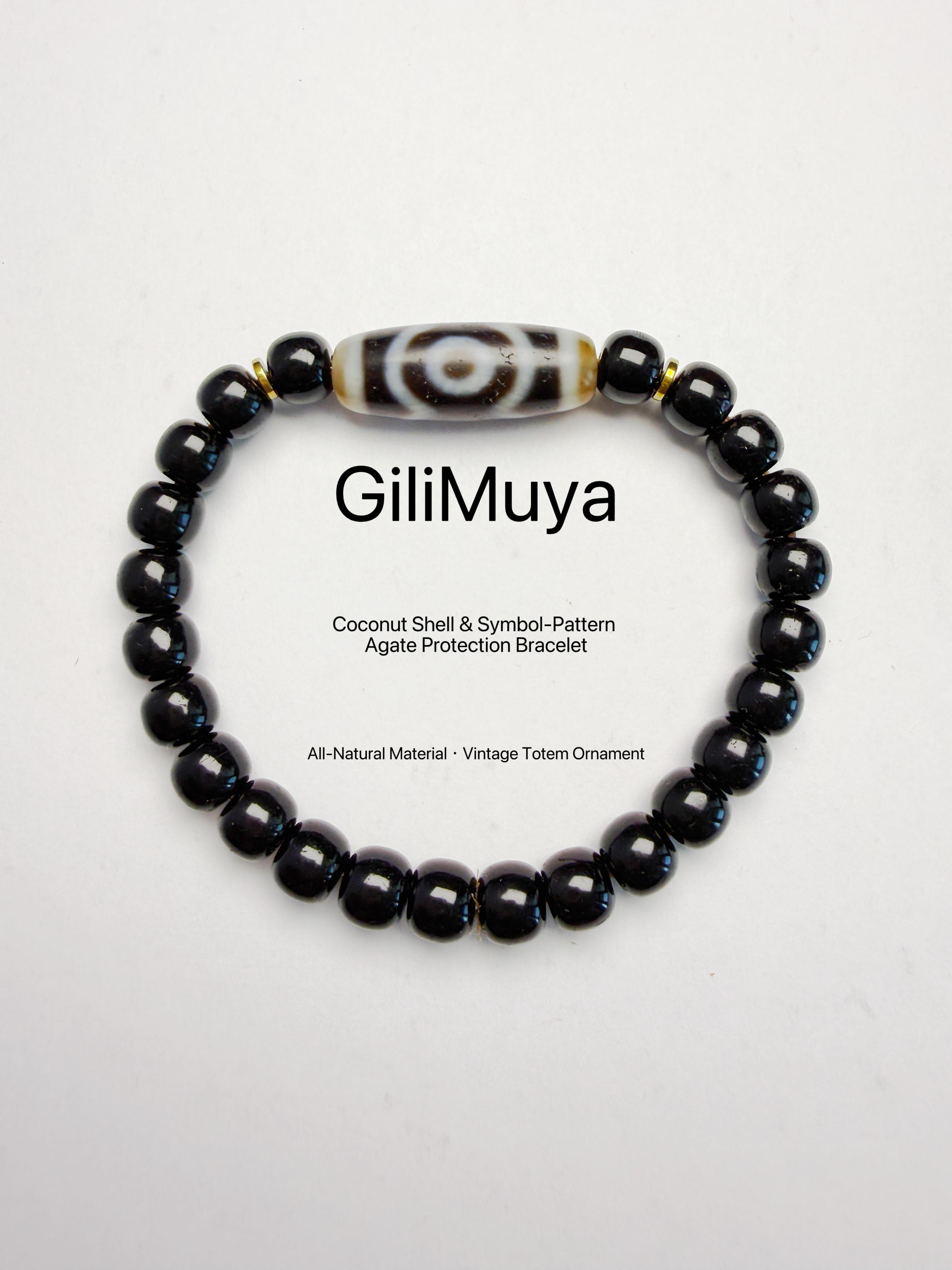Black‑Gold Coconut Tip‑Shell Three‑Eye Dzi‑Pattern Bracelet