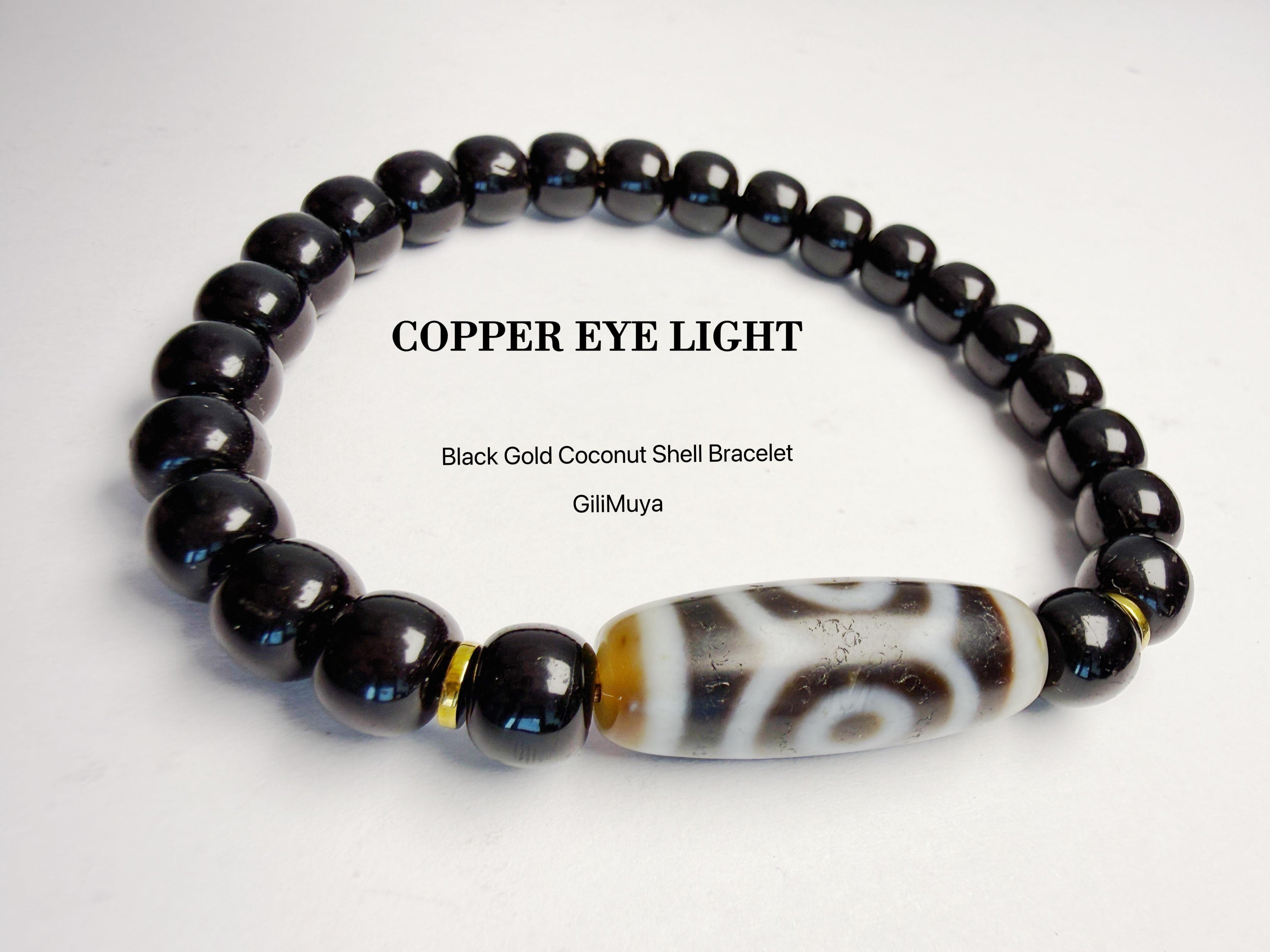 Black‑Gold Coconut Tip‑Shell Three‑Eye Dzi‑Pattern Bracelet
