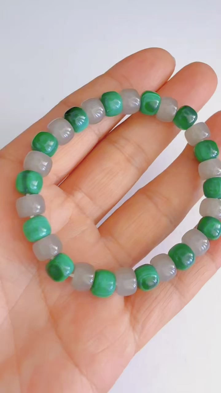 GiLiMuya Natural Malachite & Smoky Grey Nephrite Jade Barrel Bead Bracelet, Handcrafted Two-Tone Gemstone Bracelet Unisex